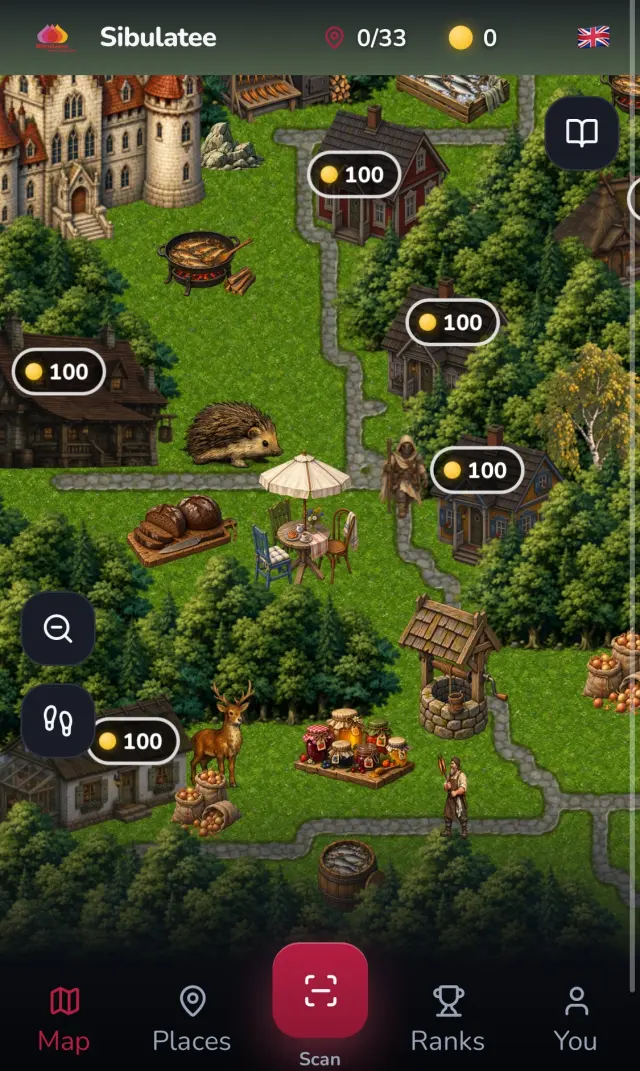 The ieat.world map for Sibulatee, coin markers scattered over a hand-drawn village